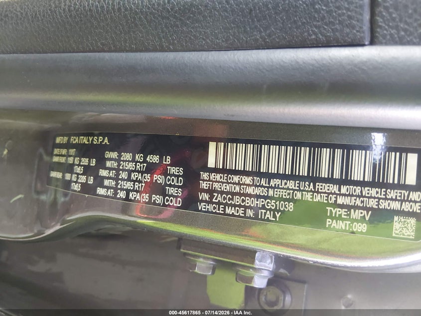2017 Jeep Renegade VIN ZACCJBCB0HPG51038 IAAI salvage auction — LEFT FRONT, Clear (Indiana), sold $1,200 on 2026-08-12 (photo 9)