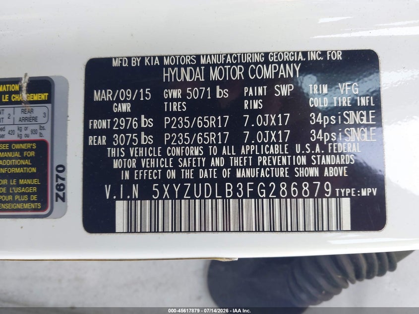 2015 Hyundai Santa fe VIN 5XYZUDLB3FG286879 IAAI salvage auction — NORMAL WEAR, Clear (Pennsylvania), sold $3,150 on 2026-07-21 (photo 9)