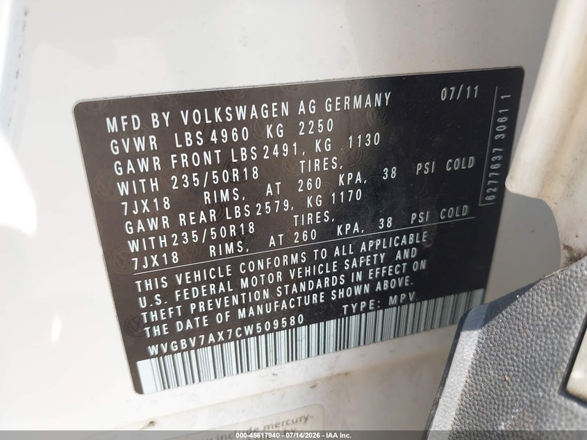 2012 Volkswagen Tiguan VIN WVGBV7AX7CW509580 IAAI salvage auction — LEFT SIDE, Salvage (Ohio), sold $775 on 2026-08-04 (photo 9)