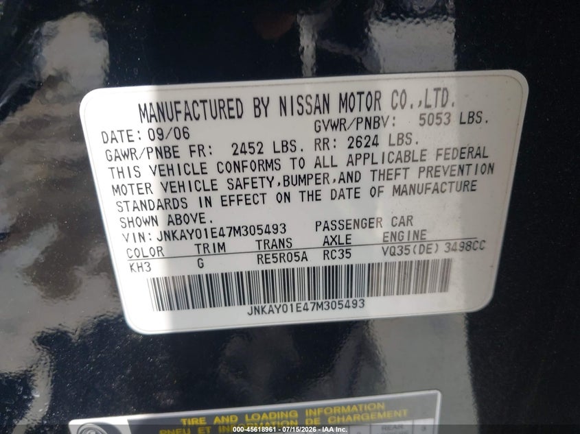2007 Infiniti M VIN JNKAY01E47M305493 IAAI salvage auction — NORMAL WEAR, Clear - Dealer Only (California), sold $525 on 2026-07-23 (photo 9)