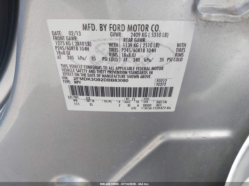 2013 Ford Edge VIN 2FMDK3G92DBB83080 IAAI salvage auction — FRONT END, Salvage Title, sold $1,350 on 2026-07-31 (photo 9)