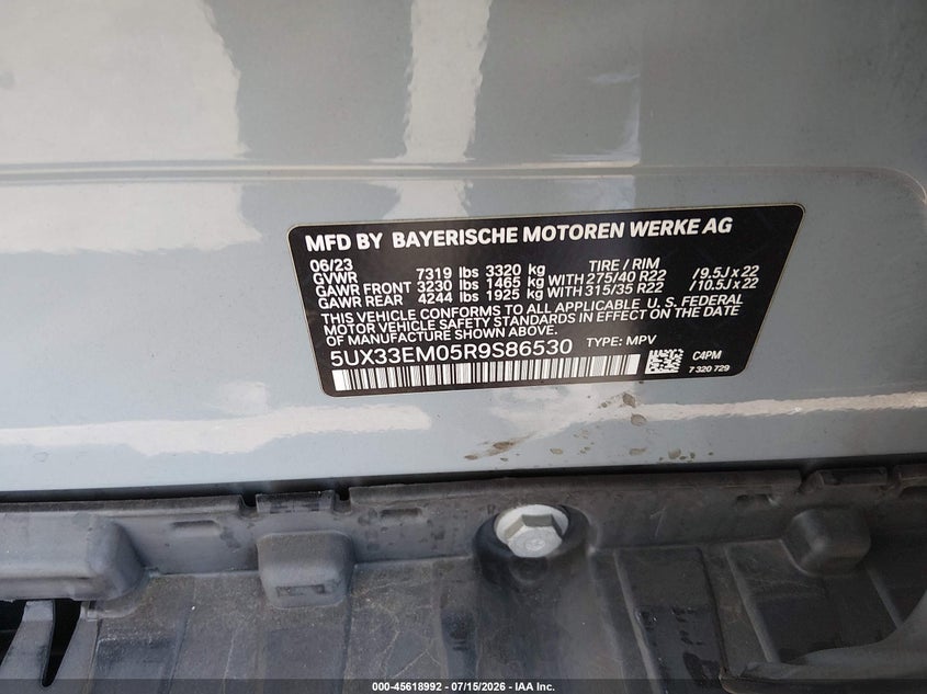 2024 BMW X7 VIN 5UX33EM05R9S86530 IAAI salvage auction — FRONT END, Salvage Certificate (California), sold $35,550 on 2026-08-28 (photo 9)