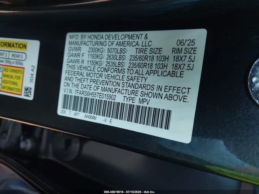 2026 Honda Cr-v VIN 7FARS6H55TE015902 IAAI salvage auction — FRONT END, Salvage Certificate (California), sold $13,175 on 2026-07-31 (photo 9)