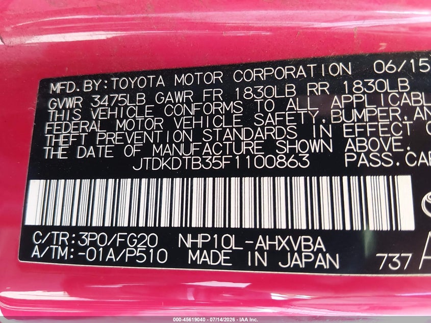 2015 Toyota Prius c VIN JTDKDTB35F1100863 IAAI salvage auction — NORMAL WEAR, Clear (Virginia), sold $500 on 2026-07-30 (photo 9)