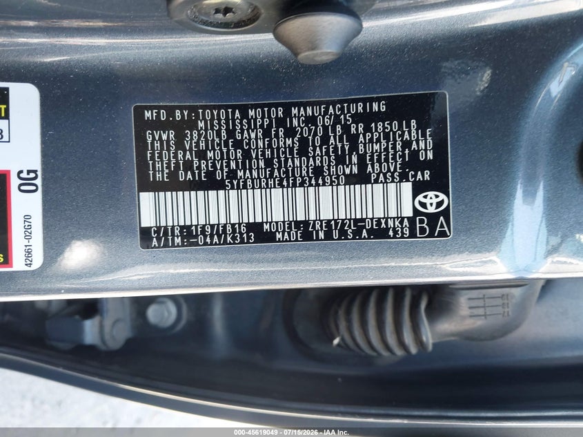 2015 Toyota Corolla VIN 5YFBURHE4FP344950 IAAI salvage auction — RIGHT FRONT, Salvage Certificate (California), sold $2,600 on 2026-07-22 (photo 9)