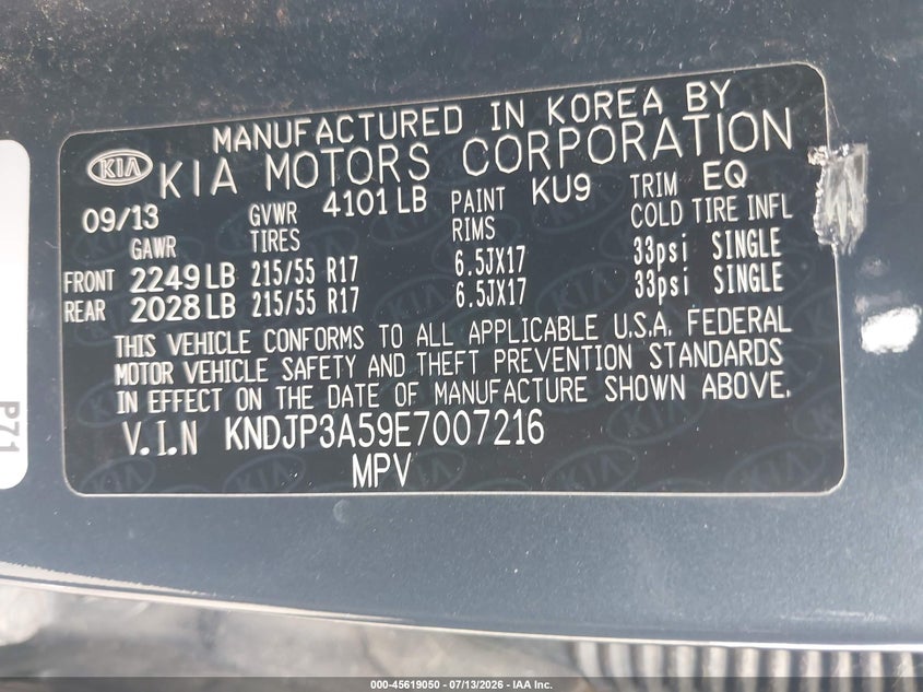 2014 Kia Soul VIN KNDJP3A59E7007216 IAAI salvage auction — NORMAL WEAR, Clear - Dealer Only (California), sold $850 on 2026-07-29 (photo 9)