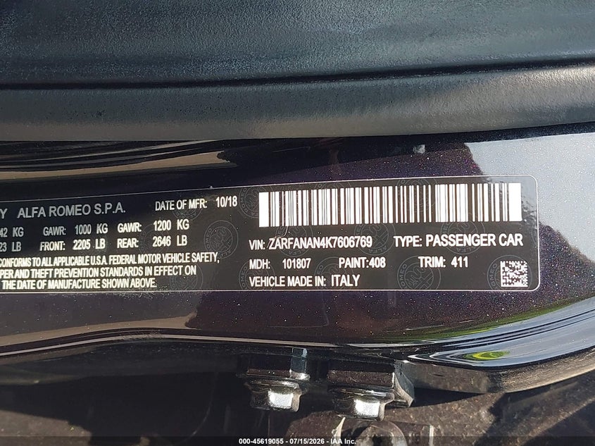2019 Alfa romeo Giulia VIN ZARFANAN4K7606769 IAAI salvage auction — RIGHT REAR, Salvage (Ohio), sold $7,875 on 2026-08-11 (photo 9)