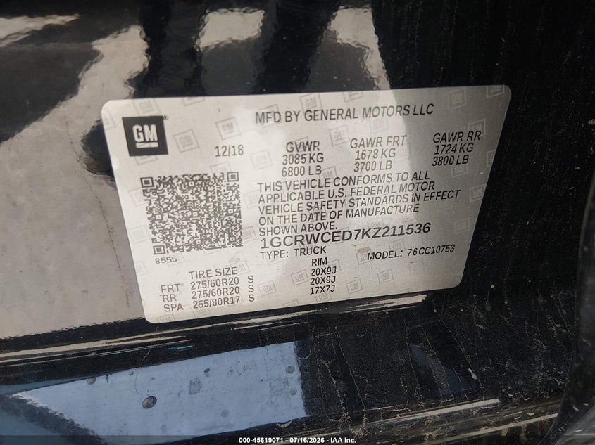 2019 Chevrolet Silverado 1500 VIN 1GCRWCED7KZ211536 IAAI salvage auction — NORMAL WEAR, Original (Texas), sold $9,825 on 2026-07-29 (photo 9)