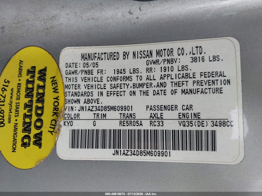 2005 Nissan 350z VIN JN1AZ34D85M609901 IAAI salvage auction — NORMAL WEAR, Clear (Florida), sold $475 on 2026-07-28 (photo 9)