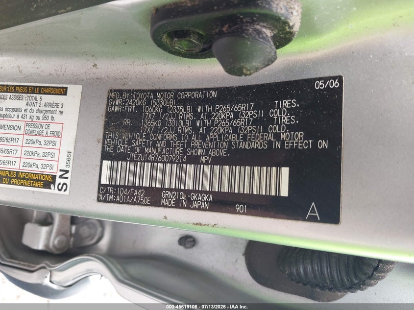 2006 Toyota 4runner VIN JTEZU14R760079214 IAAI salvage auction — ROLLOVER, Rebuildable (Florida), sold $1,550 on 2026-07-30 (photo 9)