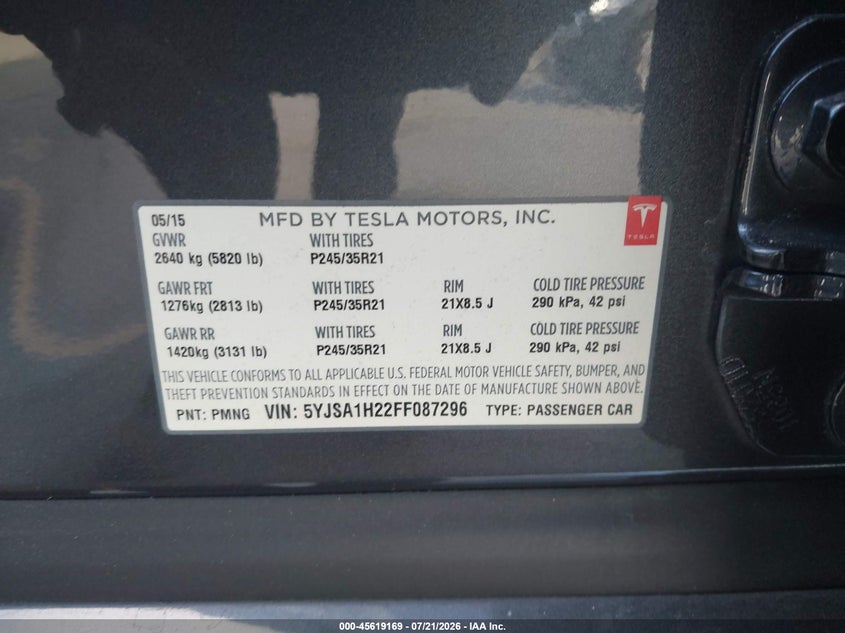 2015 Tesla Model s VIN 5YJSA1H22FF087296 IAAI salvage auction — REAR END, Salvage (California), sold $8,350 on 2026-08-31 (photo 9)