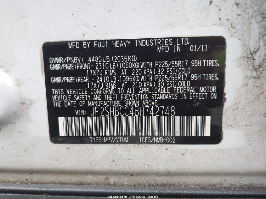 2011 Subaru Forester VIN JF2SHBCC4BH742748 IAAI salvage auction — NORMAL WEAR, Clear (Washington), sold $525 on 2026-07-29 (photo 9)