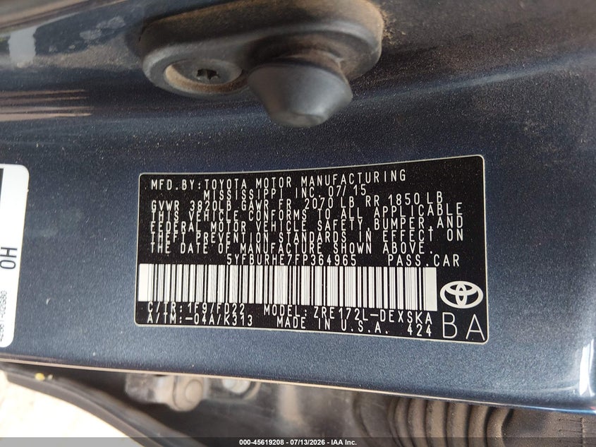 2015 Toyota Corolla VIN 5YFBURHE7FP364965 IAAI salvage auction — NORMAL WEAR, Restored (Arizona), sold $4,000 on 2026-07-28 (photo 9)
