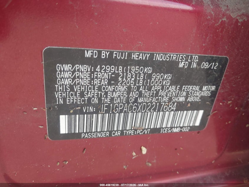 2013 Subaru Impreza VIN JF1GPAC6XD2217684 IAAI salvage auction — FRESH WATER, Clear (Massachusetts), sold $950 on 2026-07-31 (photo 9)