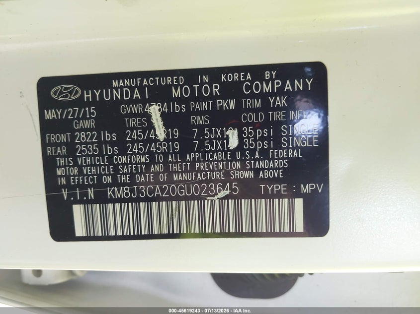 2016 Hyundai Tucson VIN KM8J3CA20GU023645 IAAI salvage auction — REAR END, Salvage Title, sold $2,000 on 2026-07-31 (photo 9)