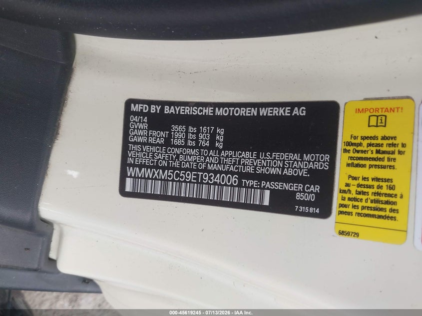 2014 Mini Hard top VIN WMWXM5C59ET934006 IAAI salvage auction — LEFT SIDE, Wait Title, sold $950 on 2026-08-17 (photo 9)