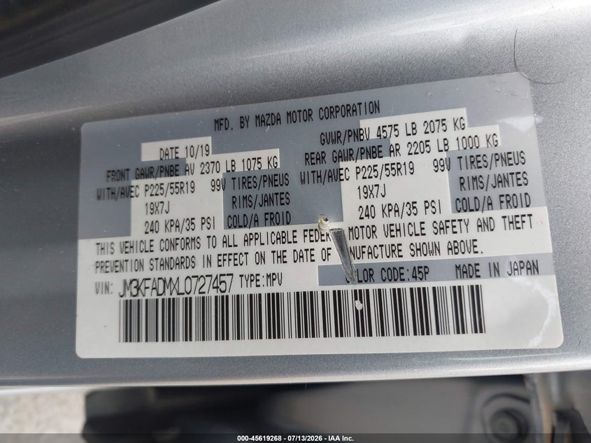 2020 Mazda Cx-5 VIN JM3KFADMXL0727457 IAAI salvage auction — FRONT END, Salvage (California), sold $2,550 on 2026-07-29 (photo 9)