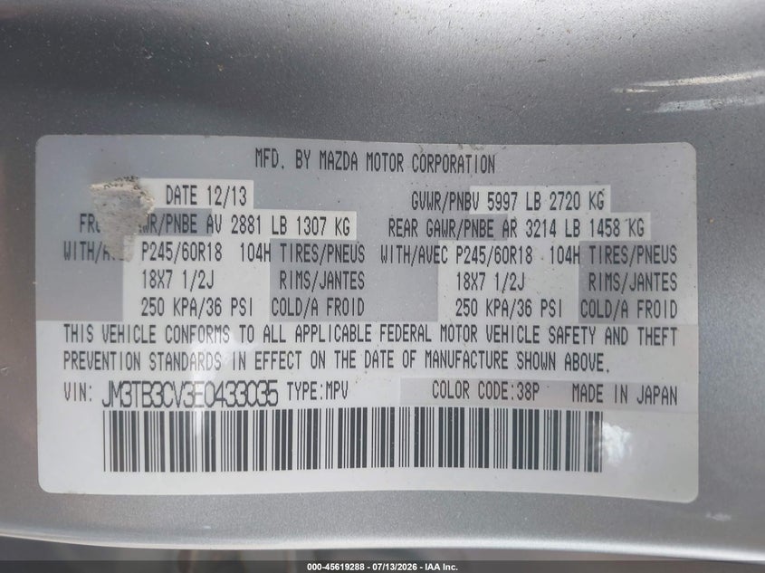 2014 Mazda Cx-9 VIN JM3TB3CV3E0433035 IAAI salvage auction — NORMAL WEAR, Clear (Massachusetts), sold $225 on 2026-07-21 (photo 9)