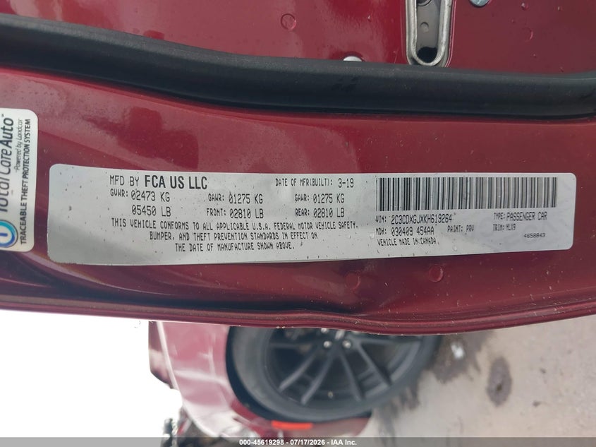 2019 Dodge Charger VIN 2C3CDXGJXKH619264 IAAI salvage auction — LEFT SIDE, Salvage Title, sold $12,350 on 2026-09-01 (photo 9)