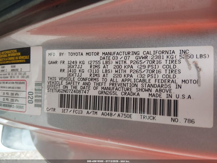 2007 Toyota Tacoma VIN 5TETU62N07Z408747 IAAI salvage auction — FRONT END, Salvage (Arizona), sold $4,750 on 2026-07-23 (photo 9)