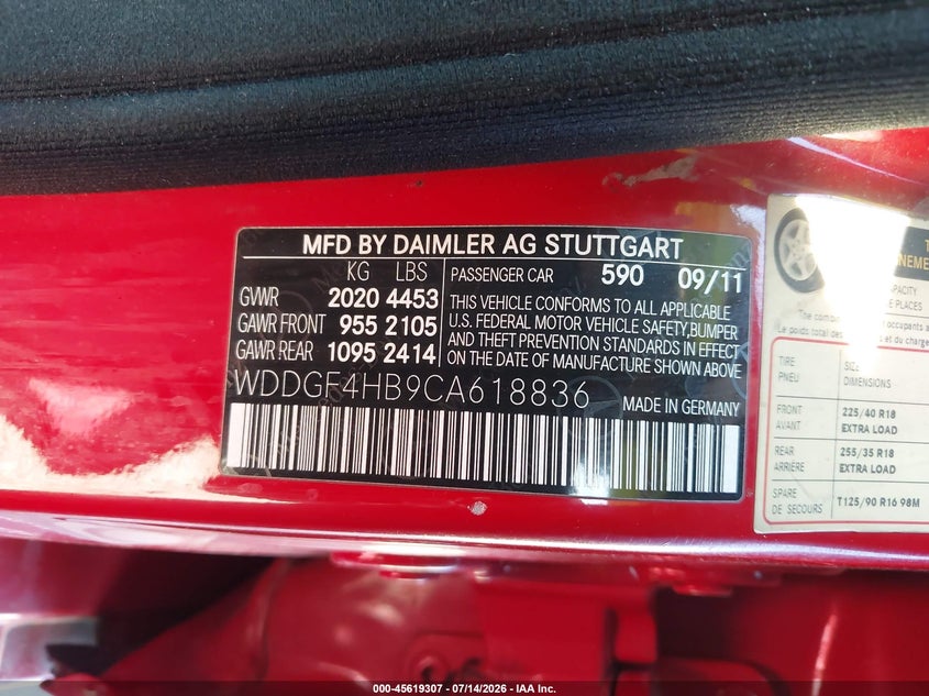 2012 Mercedes-benz C-klasse VIN WDDGF4HB9CA618836 IAAI salvage auction — REAR END, Clear - Dealer Only (California), sold $1,850 on 2026-07-29 (photo 9)