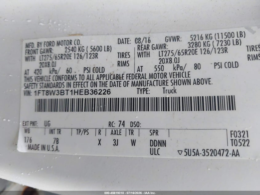 2017 Ford F-350 VIN 1FT8W3BT1HEB36226 IAAI salvage auction — LEFT REAR, Bill Of Sale (Washington), sold $14,100 on 2026-07-29 (photo 8)