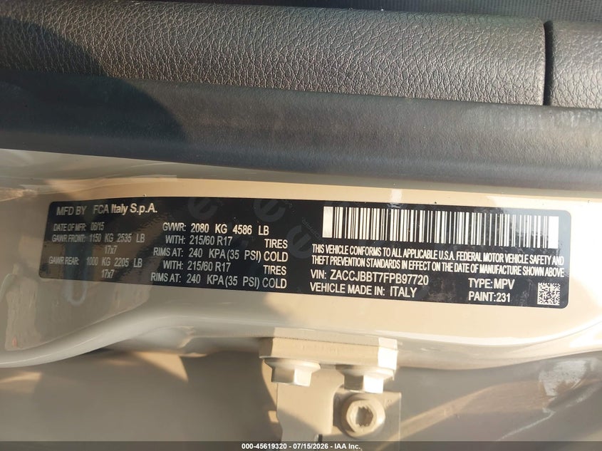 2015 Jeep Renegade VIN ZACCJBBT7FPB97720 IAAI salvage auction — FRESH WATER, Junk Bill Of Sale Mv2459 (Wisconsin), sold $475 on 2026-08-16 (photo 9)