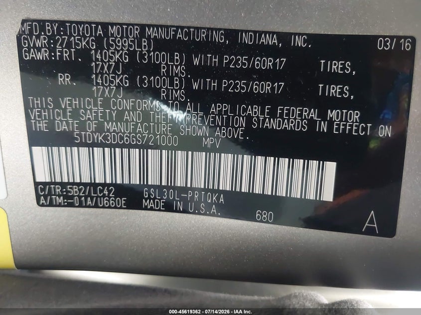 2016 Toyota Sienna VIN 5TDYK3DC6GS721000 IAAI salvage auction — REAR END, Salvage (California), sold $4,650 on 2026-07-29 (photo 9)