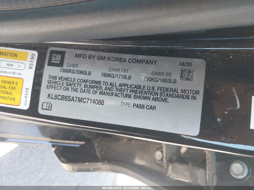 2021 Chevrolet Spark VIN KL8CB6SA7MC714088 IAAI salvage auction — REAR END, Salvage (California), sold $1,700 on 2026-07-28 (photo 9)