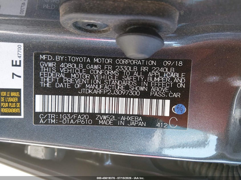 2018 Toyota Prius VIN JTDKARFP2J3097300 IAAI salvage auction — FRONT & REAR, Salvage (California), sold $5,000 on 2026-07-28 (photo 9)