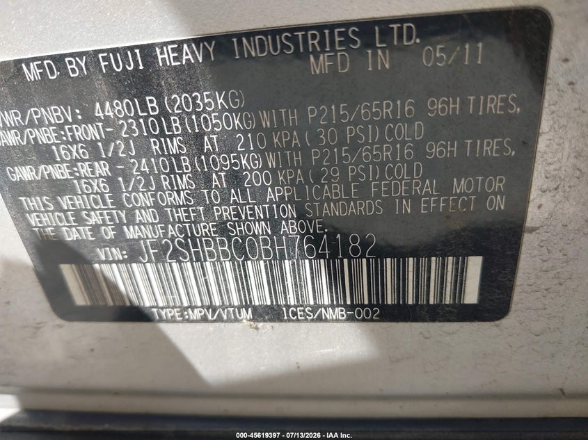 2011 Subaru Forester VIN JF2SHBBC0BH764182 IAAI salvage auction — NORMAL WEAR, Clear (Indiana), sold $350 on 2026-07-29 (photo 9)