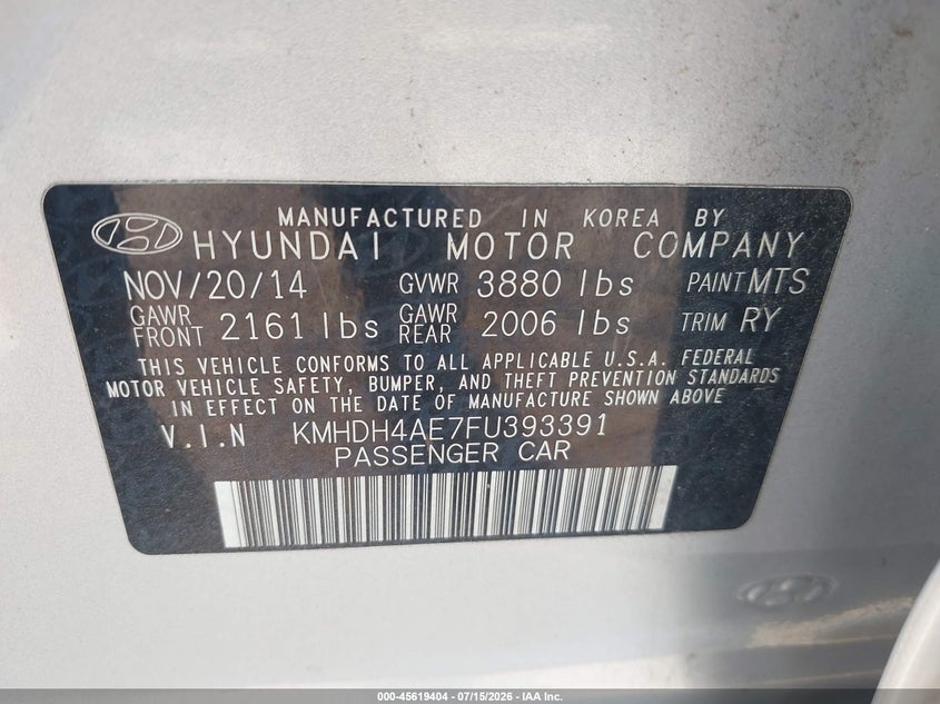 2015 Hyundai Elantra VIN KMHDH4AE7FU393391 IAAI salvage auction — LEFT SIDE, Salvage - Greater Than 75% (Maryland), sold $1,100 on 2026-07-30 (photo 9)