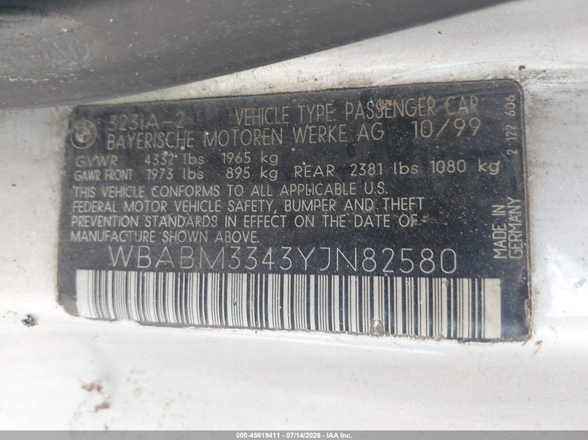 2000 BMW 3 series VIN WBABM3343YJN82580 IAAI salvage auction — NORMAL WEAR, Clear (New York), sold $25 on 2026-07-28 (photo 9)