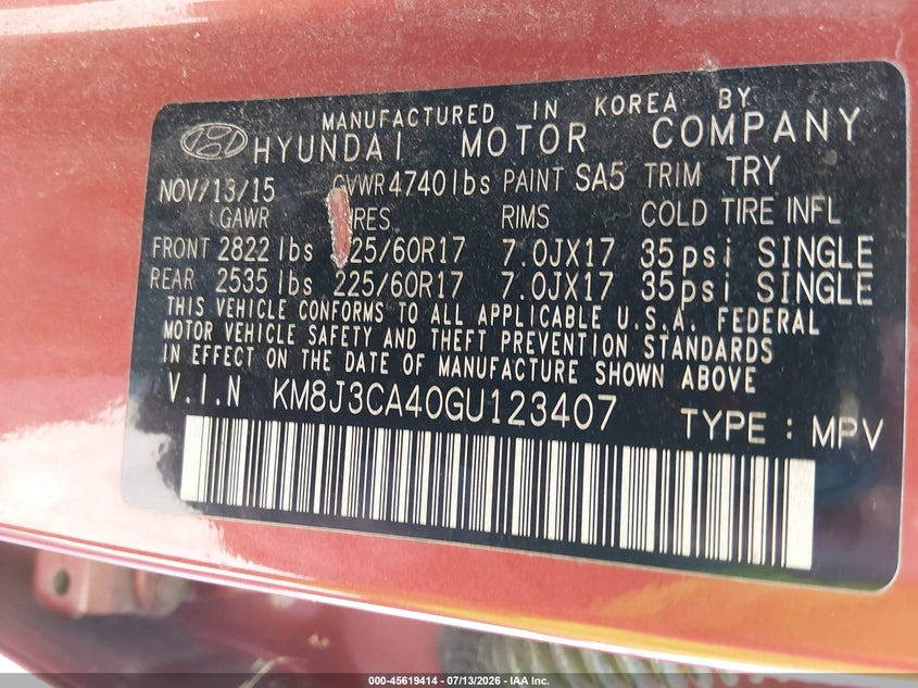 2016 Hyundai Tucson VIN KM8J3CA40GU123407 IAAI salvage auction — NORMAL WEAR, Original (Ohio), sold $1,300 on 2026-07-20 (photo 9)