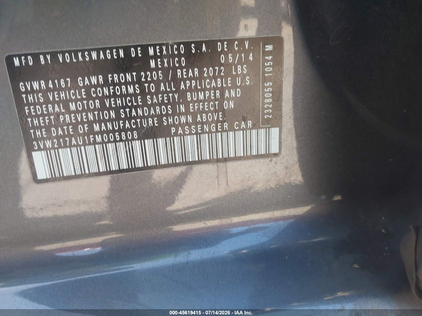 2015 Volkswagen Golf VIN 3VW217AU1FM005808 IAAI salvage auction — LEFT SIDE, Salvage (California), sold $2,700 on 2026-08-01 (photo 9)