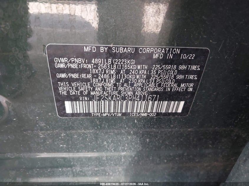 2023 Subaru Forester VIN JF2SKARC3PH411671 IAAI salvage auction — REAR END, Salvage (Nebraska), sold $15,500 on 2026-08-27 (photo 9)