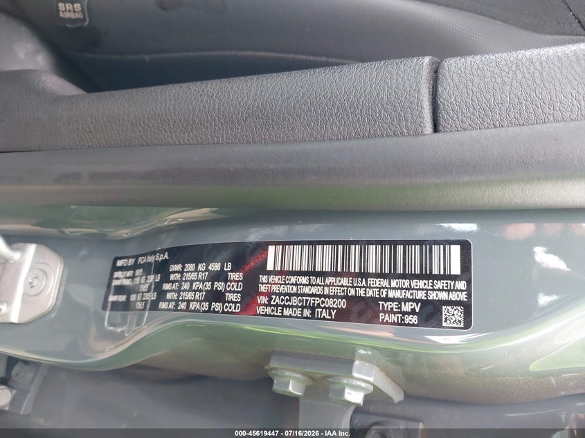 2015 Jeep Renegade VIN ZACCJBCT7FPC08200 IAAI salvage auction — LEFT FRONT, Wait Title, sold $1,050 on 2026-08-21 (photo 9)