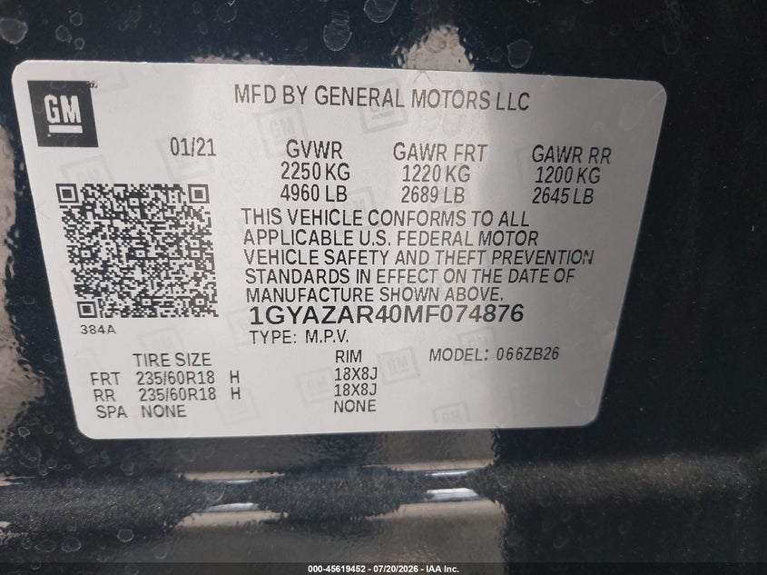 2021 Cadillac Xt4 VIN 1GYAZAR40MF074876 IAAI salvage auction — LEFT FRONT, Wait Title, sold $8,400 on 2026-08-05 (photo 9)