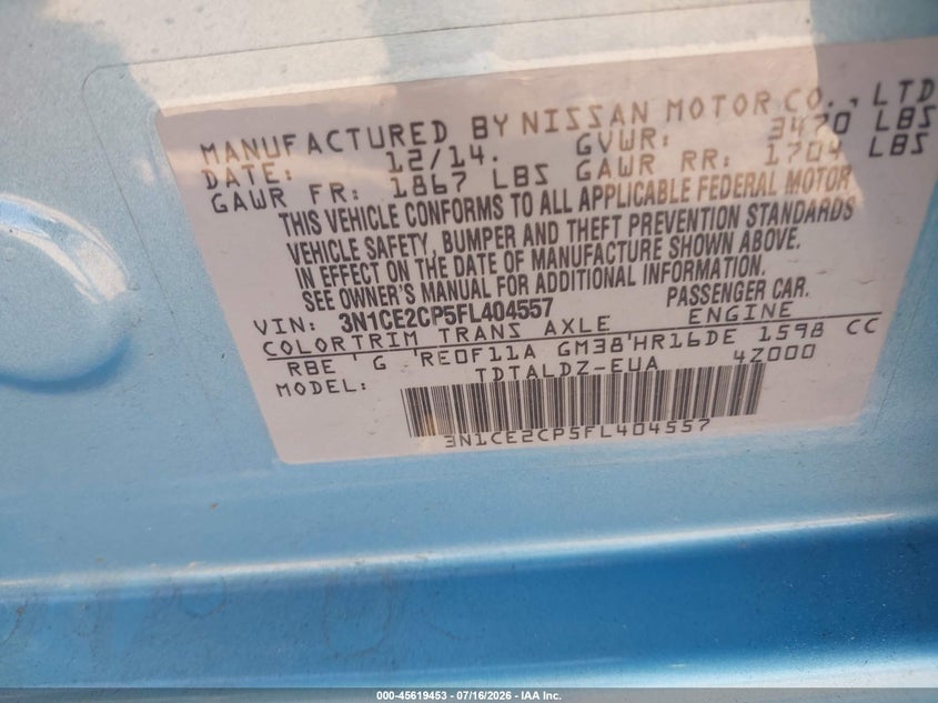 2015 Nissan Versa VIN 3N1CE2CP5FL404557 IAAI salvage auction — FRONT END, Clear (Massachusetts), sold $750 on 2026-07-29 (photo 9)