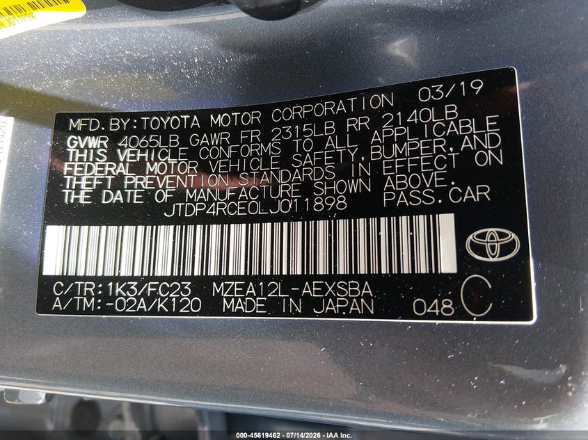 2020 Toyota Corolla VIN JTDP4RCE0LJ011898 IAAI salvage auction — FRONT END, Salvage Title, sold $1,650 on 2026-07-23 (photo 9)