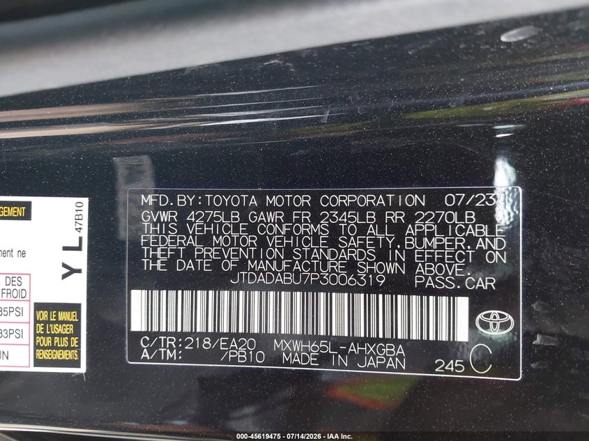 2023 Toyota Prius VIN JTDADABU7P3006319 IAAI salvage auction — FRONT END, Bill Of Sale (Washington), sold $11,000 on 2026-08-01 (photo 9)