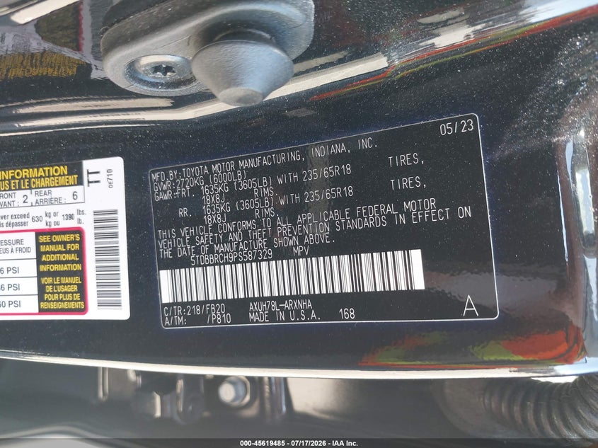 2023 Toyota Highlander VIN 5TDBBRCH9PS587329 IAAI salvage auction — FRONT END, Clear (California), sold $9,600 on 2026-07-28 (photo 9)