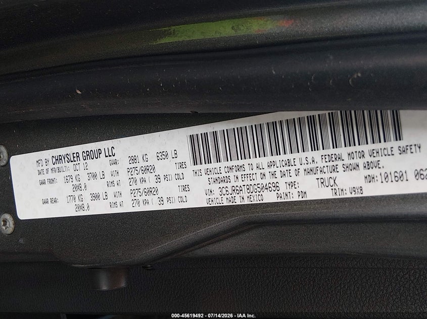 2013 Ram 1500 VIN 3C6JR6AT8DG504696 IAAI salvage auction — FRONT END, Salvage Title, sold $25 on 2026-10-03 (photo 9)