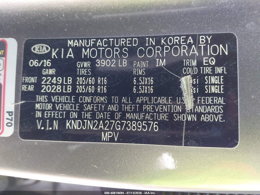 2016 Kia Soul VIN KNDJN2A27G7389576 IAAI salvage auction — LEFT SIDE, Salvage Title, sold $1,050 on 2026-07-30 (photo 9)