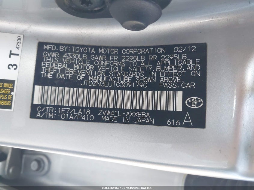 2012 Toyota Prius v VIN JTDZN3EU1C3091790 IAAI salvage auction — RIGHT FRONT, Salvage (California), sold $2,000 on 2026-07-22 (photo 9)