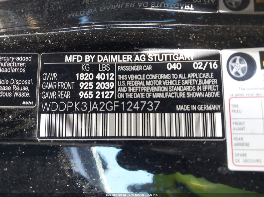 2016 Mercedes-benz Slk-klasse VIN WDDPK3JA2GF124737 IAAI salvage auction — LEFT FRONT, Salvage (California), sold $2,000 on 2026-08-05 (photo 9)