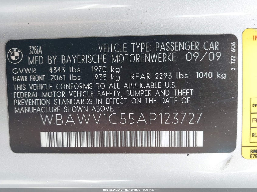 2010 BMW 3 series VIN WBAWV1C55AP123727 IAAI salvage auction — REAR END, Salvage Certificate (California), sold $650 on 2026-07-29 (photo 9)