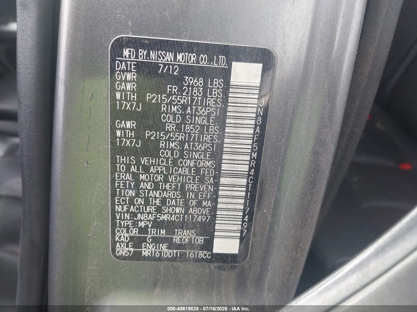 2012 Nissan Juke VIN JN8AF5MR4CT117497 IAAI salvage auction — FRONT END, Original (Texas), sold $375 on 2026-07-28 (photo 9)