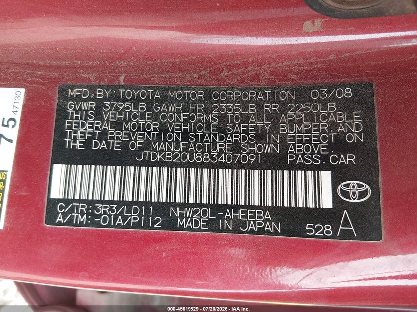 2008 Toyota Prius VIN JTDKB20U883407091 IAAI salvage auction — NORMAL WEAR, Clear - Public Restricted (Oregon), sold $625 on 2026-07-27 (photo 9)