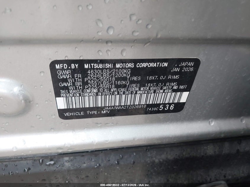 2026 Mitsubishi ECLIPSE VIN JA4ATWAA2TZ026910 IAAI salvage auction — SIDE, Enterprise Vehicles Clear Only (Texas), sold $3,850 on 2026-07-16 (photo 9)